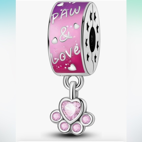 Sterling silver puppy Paw & Love Pink clip bumper style charm to fit pandoras - Picture 1 of 4